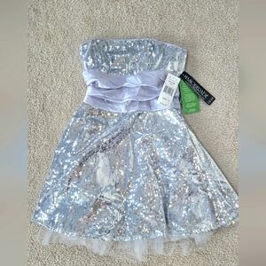 NWT Masquerade Strapless Silver Sequin Dress Size 13/14